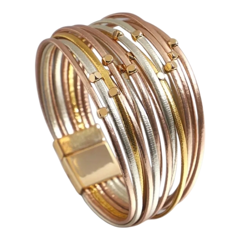 Gold, Silver & Rose Gold Multi Layer Faux Leather Bracelet with Magnet Closure - Picture 2 of 3